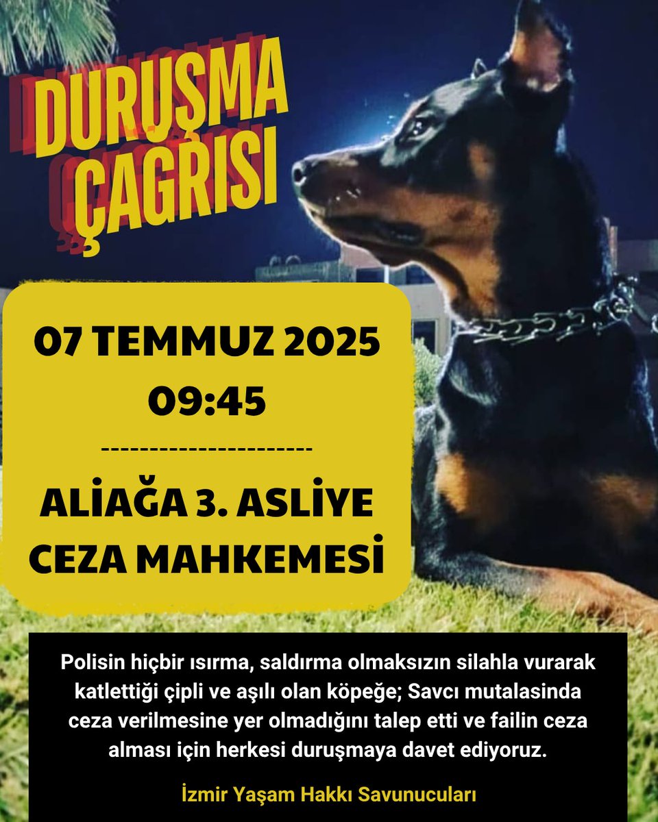 Polisin silahla vurarak katlettiği çipli ve aşılı olan köpeğe; savcı, mutalasında faile ceza verilmesine yer olmadığını talep etti. Failin ceza alması için herkesi duruşmaya davet ediyoruz.

07 TEMMUZ 2025 
saat 09.45

ALİAĞA 3. ASLİYE CEZA MAHKEMESİ