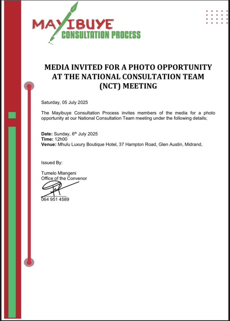 The National Consultation Team of Mayibuye Consultation Process invites members of the media to a photo opportunity of the 1st Official Meeting of the NCT. #MayibuyeiAfrika!