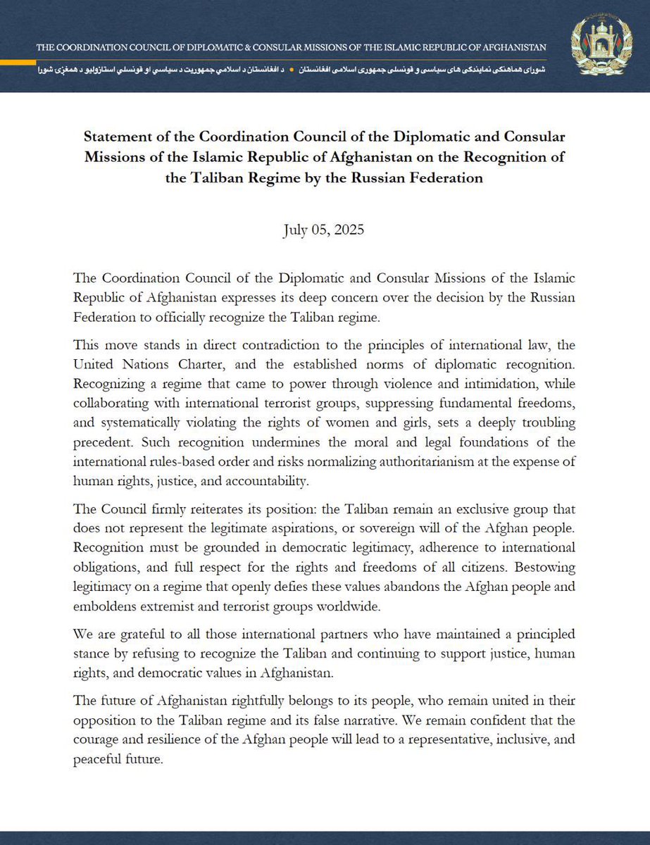 Statement of the Coordination Council of the Diplomatic and Consular
Missions of Afghanistan on the Recognition of the  Taliban Regime by the Russian Federation
July 05, 2025 ( Geneva )