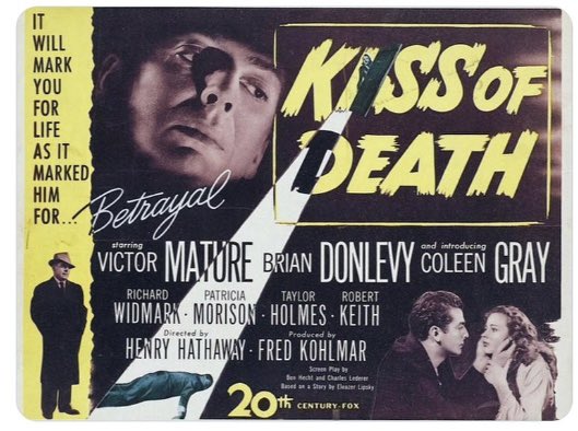 As delinquent psychopaths go, Tommy Udo (Richard Widmark) is the unabashed supreme leader in his field. Maniacal laugh? Got it. Unbridled cruelty to the infirm? You know it. It's a bone-rattling performance that elevates "Kiss of Death" (1947) to dizzying heights. #filmnoir