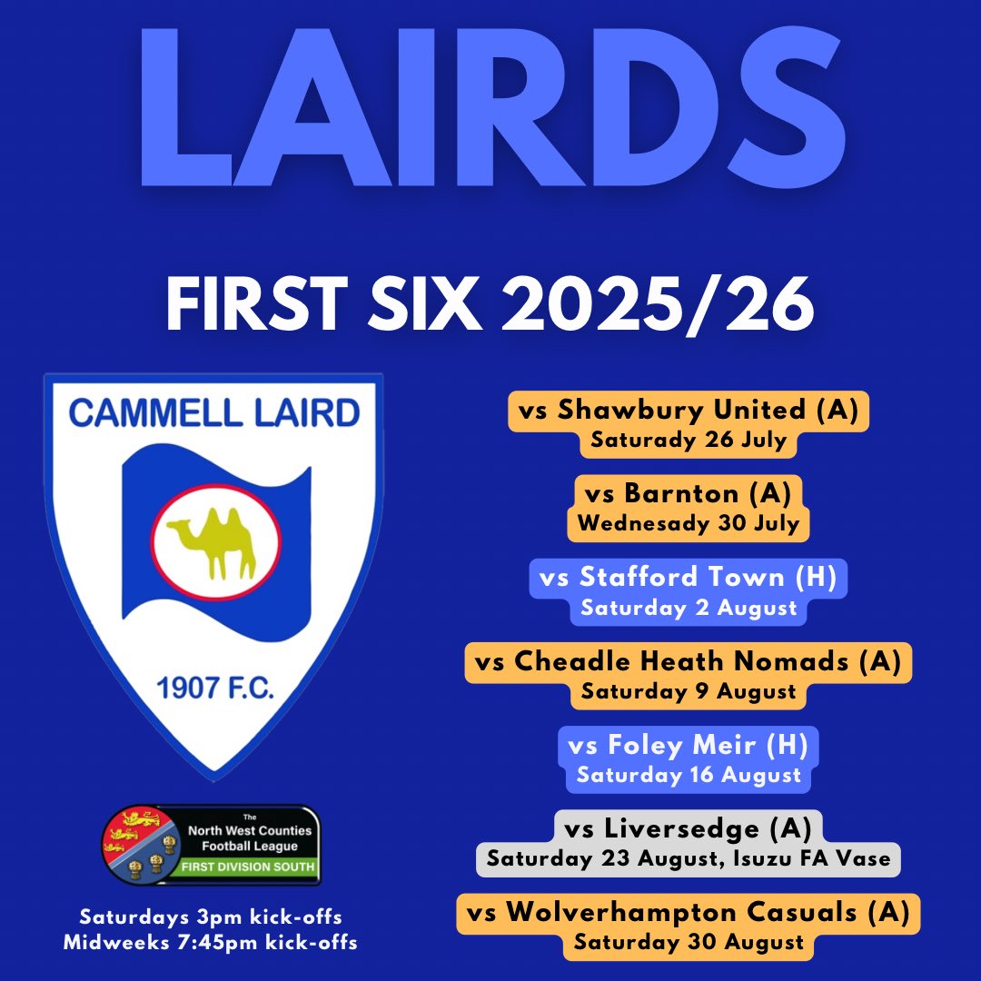 🆚 Our first six <a href="/nwcfl/">The NWCFL ⚽️</a> First Division South fixtures up to the end of August have been released.

They include starting with back-to-back away games in the first week against <a href="/shawburyutd/">Shawbury United FC</a> and <a href="/barntonfc/">Barnton AFC</a>, and a first-ever visit to <a href="/WolvesCassies/">Wolverhampton Casuals FC</a> at the end of August