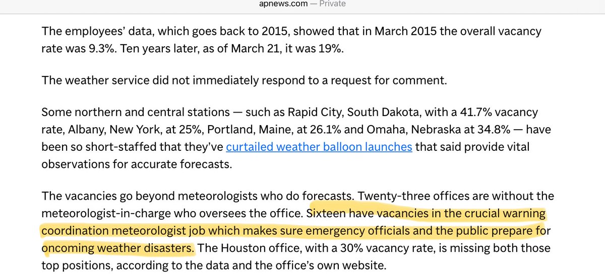 The National Weather Service’s Austin/San Antonio field office does not have a Warning Coordination Meteorologist—a critical job tasked with preventing tragedies like we have in Texas. The position was filled when Trump took office, before he let Elon &amp; DOGE gut the NWS &amp; NOAA.