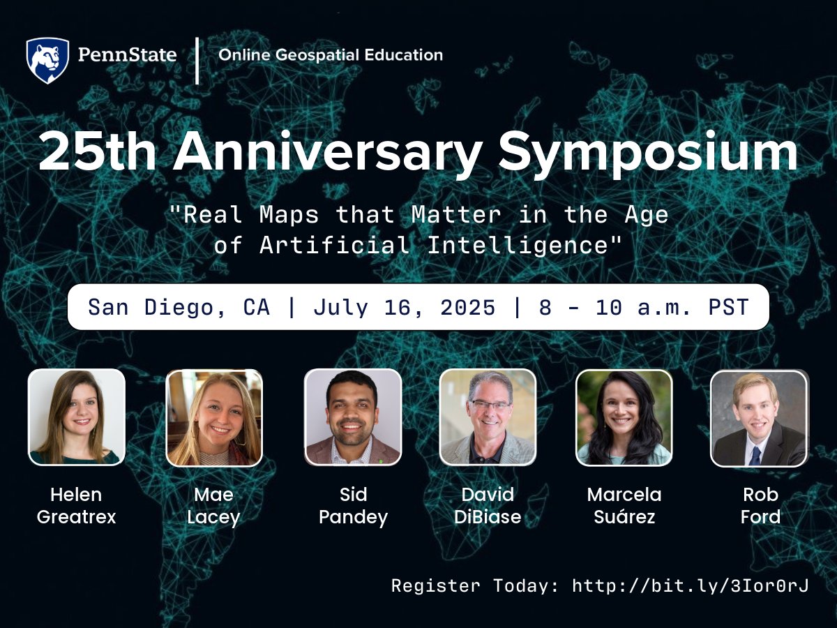 PennStateGIS's tweet image. Here is the speaker list for our 25th anniversary symposium on July 16 during the @EsriUC. Join us in person or online! RSVP here: engage.tassl.com/event/11593/