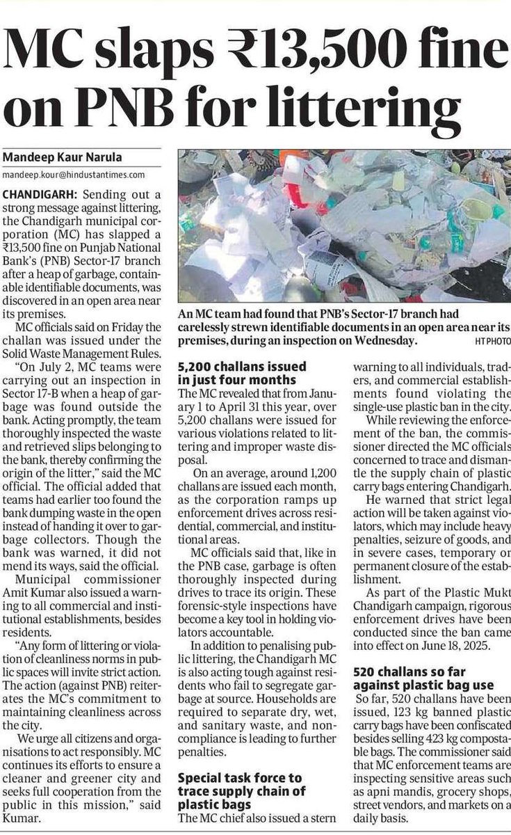 Mandeep Kaur Narula (@mandeepnarula12) on Twitter photo Sending out a strong message against littering, #Chandigarh <a href="/MCChandigarh/">Municipal Corporation Chandigarh</a> has slapped a ₹13,500 fine on #PunjabNationalBank’s (#PNB) Sector 17 branch after a heap of garbage, containable identifiable documents related to the bank, was discovered in an open area.
#Punjab Sending out a strong message against littering, #Chandigarh <a href="/MCChandigarh/">Municipal Corporation Chandigarh</a> has slapped a ₹13,500 fine on #PunjabNationalBank’s (#PNB) Sector 17 branch after a heap of garbage, containable identifiable documents related to the bank, was discovered in an open area.
#Punjab