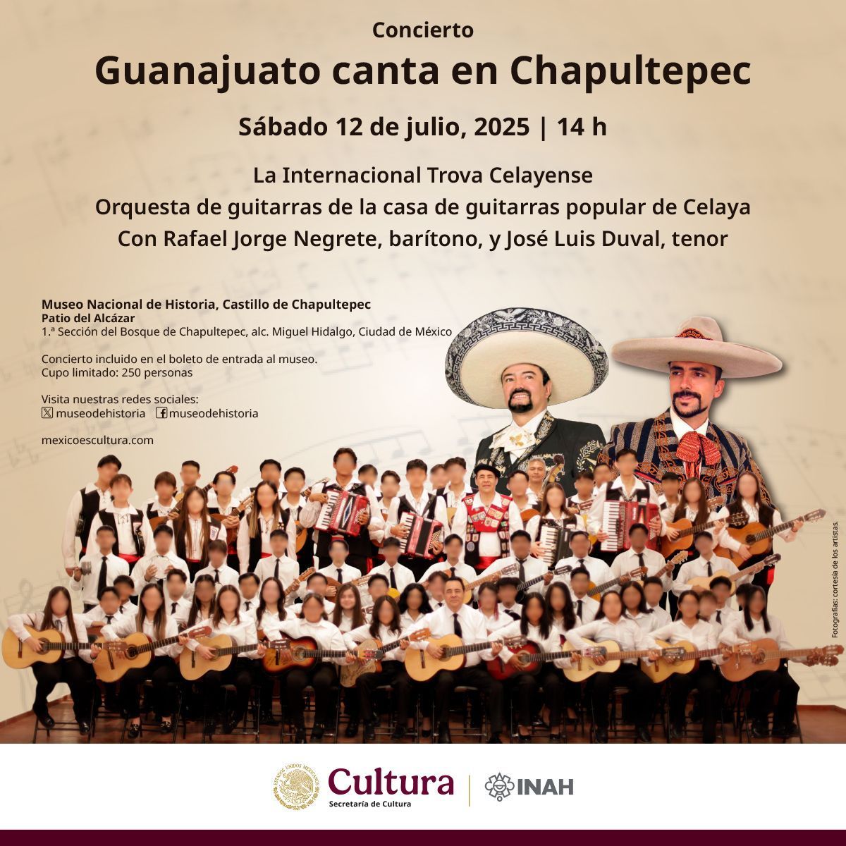 Museodehistoria's tweet image. 📆 El próximo 12 de julio te invitamos al #concierto que ofrecerán la Internacional Trova Celayense, la Orquesta de guitarras de la casa de guitarras popular de Celaya, Rafel Jorge Negrete y José Luis Duval

📍 ¡Te esperamos en el Patio del Alcázar!
#música #castilloDeChapultepec