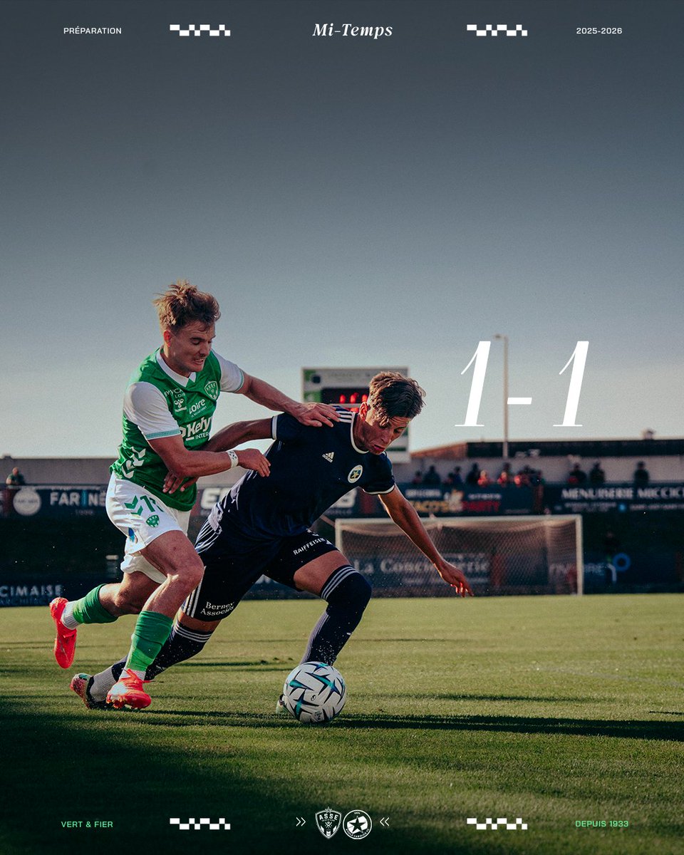 45e+5 : ⏸️ C'est la pause dans ce premier match de préparation. Plusieurs occasions à mettre au compte des Verts, malgré ce score de parité à mi-parcours ! Ben Old a inscrit le premier but de l'été !

💚 1-1 🔵 #ASSEECFC - #Prépa2526