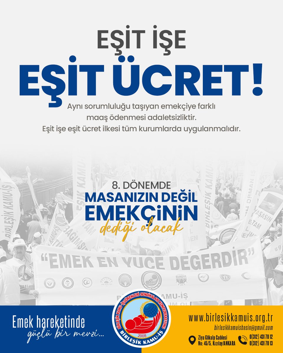 Aynı sorumluluğu taşıyan emekçiye farklı
maaş ödenmesi adaletsizliktir. 
Eşit işe eşit ücret ilkesi tüm kurumlarda uygulanmalıdır. #emekçinindediği