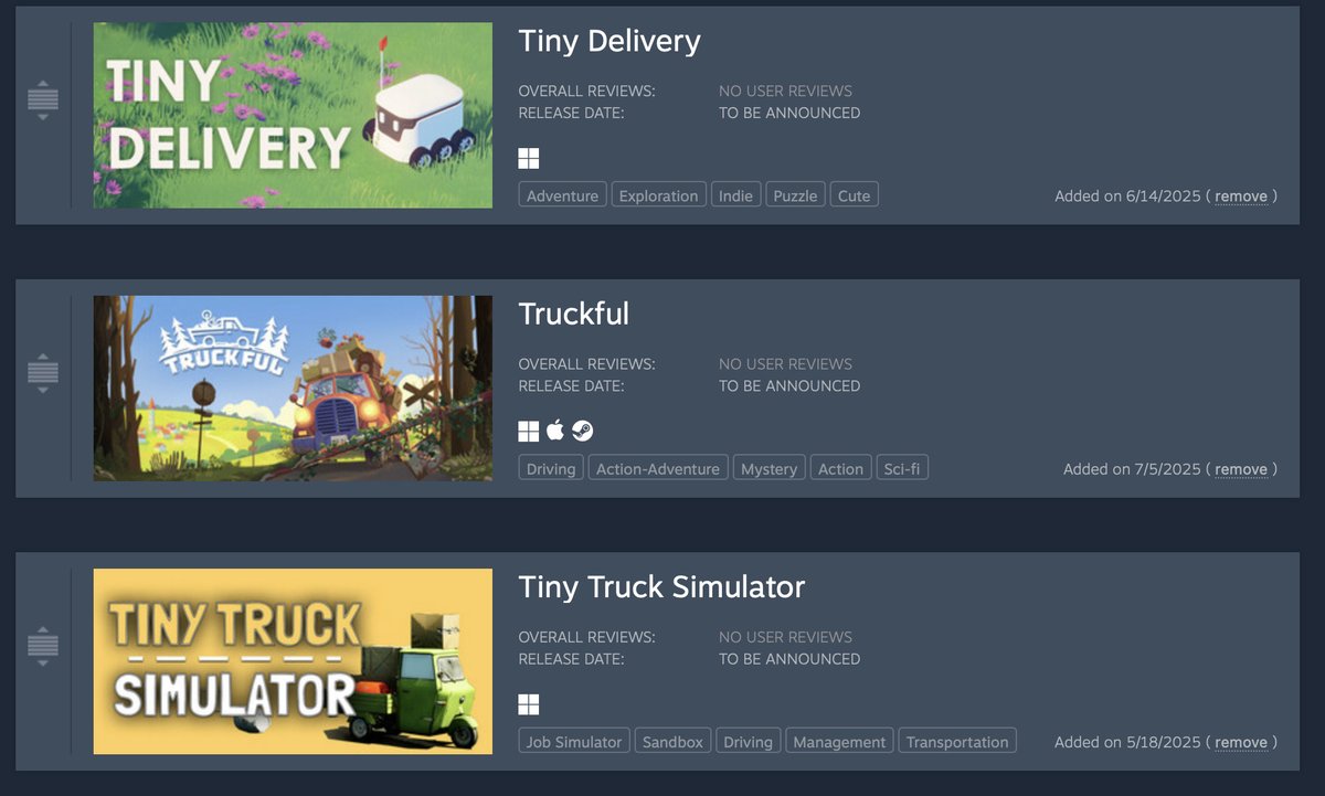 R2R Games (@r2rgames) on Twitter photo Three games I wishlisted recently... I'm hooked on the "delivery" genre lately it seems :)
<a href="/artem_sini39436/">𝑺𝒊𝒏𝒊𝒄𝒂✨WISHLIST TINY DELIVERY</a> - Tiny Delivery
<a href="/MythicOwlGames/">MythicOwl Games I Truckful 🚚📦</a> - Truckful
<a href="/GoodTripGames/">GoodTripGames</a> - Tiny Truck Simulator Three games I wishlisted recently... I'm hooked on the "delivery" genre lately it seems :)
<a href="/artem_sini39436/">𝑺𝒊𝒏𝒊𝒄𝒂✨WISHLIST TINY DELIVERY</a> - Tiny Delivery
<a href="/MythicOwlGames/">MythicOwl Games I Truckful 🚚📦</a> - Truckful
<a href="/GoodTripGames/">GoodTripGames</a> - Tiny Truck Simulator