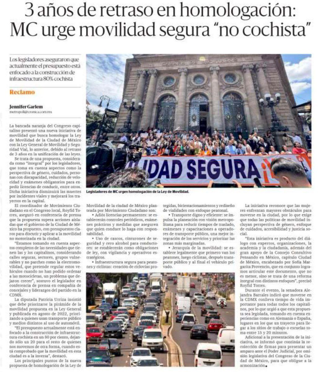 Urge armonizar la #LeyMovilidadSegura para que las chilangas y chilangos puedan transitar por la ciudad con seguridad con reglas claras que privilegien a peatones, transporte público y sustentable.