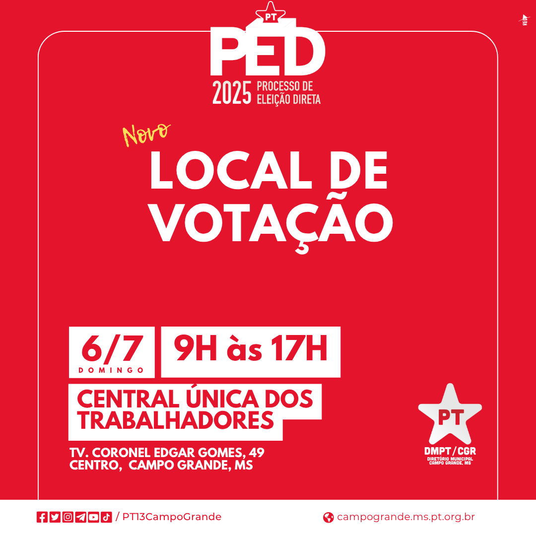 Atenção filiadas e filiados - Amanhã acontece nosso PED (Processo de Eleições Diretas) e nossa votação ocorre das 9h às 17h  na sede da CUT/MS. 

Leve um documento de identificação com foto, suas bandeiras e venha fortalecer a democracia interna. 

#PED2025
