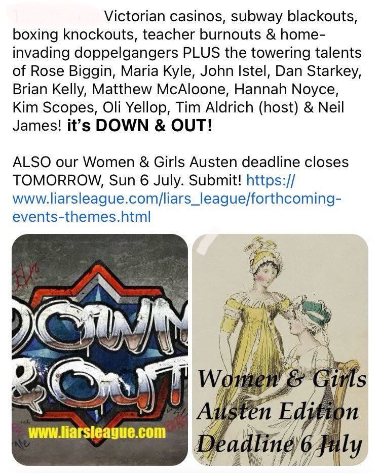 liarsleague's tweet image. Happy weekend! Fancy some fine fresh fiction to read? Here’s 5 stories themed on #DownandOut, now online! liarsleague.com/liars_league/d…

ALSO our #WomenAndGirls #JaneAustenStories deadline closes TOMORROW, Sun 6 July. Submit! liarsleague.com/liars_league/f…

@OYellop @HannahNoyce @rosebiggin