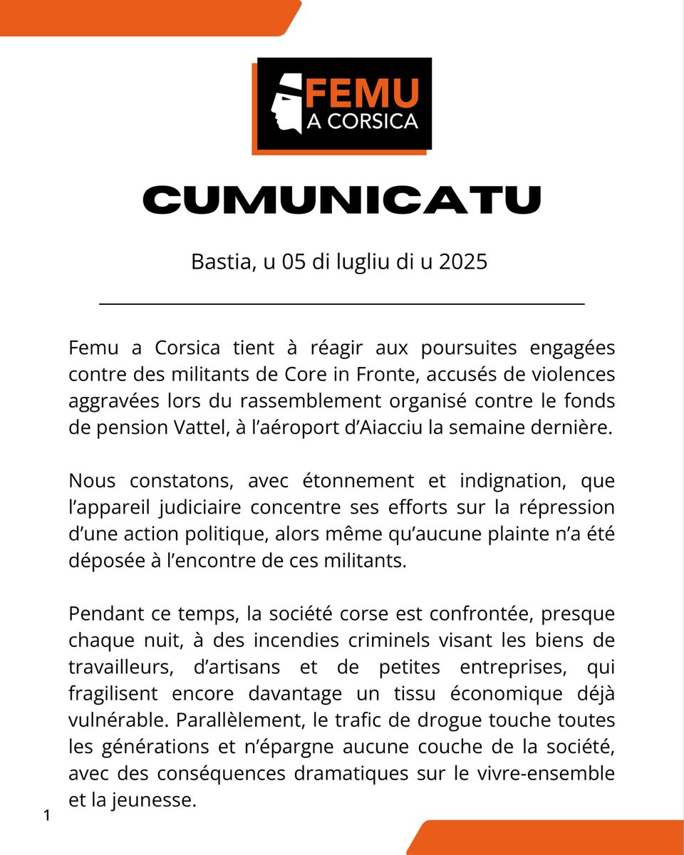 Partitu_FemuAC's tweet image. Femu a Corsica tient à réagir aux poursuites engagées contre des militants de Core in Fronte ⤵️