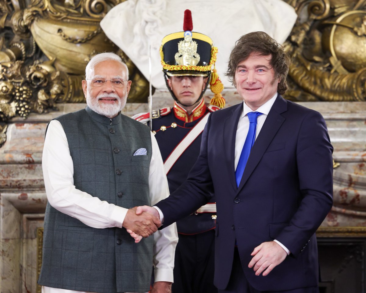 narendramodi's tweet photo. Excellent meeting with President Javier Milei of Argentina. We are marking 75 years of India-Argentina diplomatic relations and 5 years since we elevated our relationship to a Strategic Partnership. We have covered significant ground in our bilateral relations, but we agree that the journey ahead is even more promising! 

@JMilei