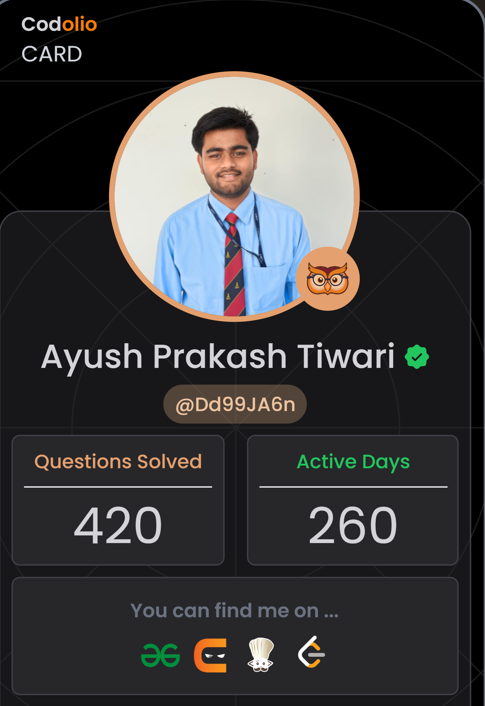 iammrprakash29's tweet photo. ๐ Leveling up every day on the DSA grind!
๐ 420+ questions solved
๐ฅ 260 active days
๐จโ๐ป Consistency > Motivation
Proud to be part of the coding community!
Letโs keep conquering ๐ปโ๏ธ
#LeetCode #GeeksForGeeks #Codeforces #DSA #100DaysOfCode #Codolio #CodingJourney https://t.co/GFhc97daGZ