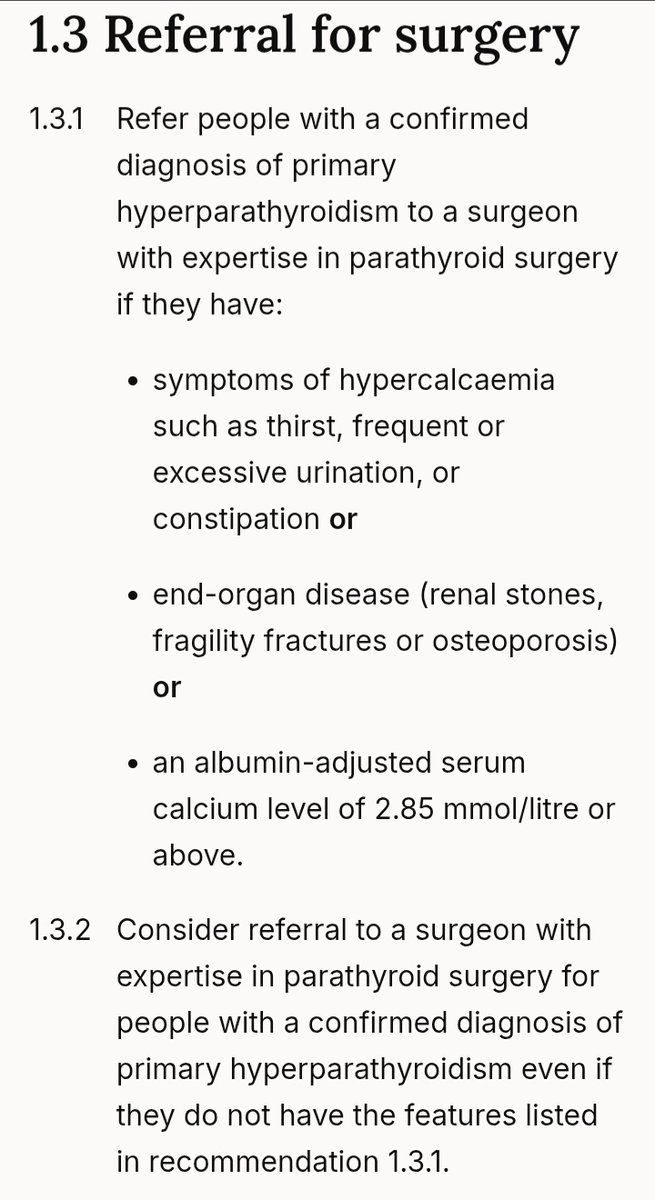 SpSallie's tweet image. On the 5th day of #Parathyroid Awareness Month in the UK, I  bring your attention to the crucial recommendation 1.3.2 NICE guideline for #hypercalcemia hidden by 'hyperparathyroidism (primary)' nice.org.uk/guidance/ng132
1.3.2 wisely advises to ignore the features listed in 1.3.1.
