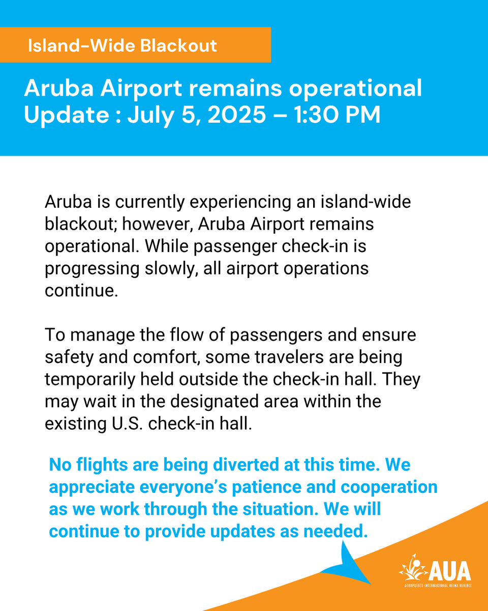 Airport Operations Update – Island-Wide Blackout
Aruba Airport remains operational; no flights diverted.

#aua #arubaairport #aruba