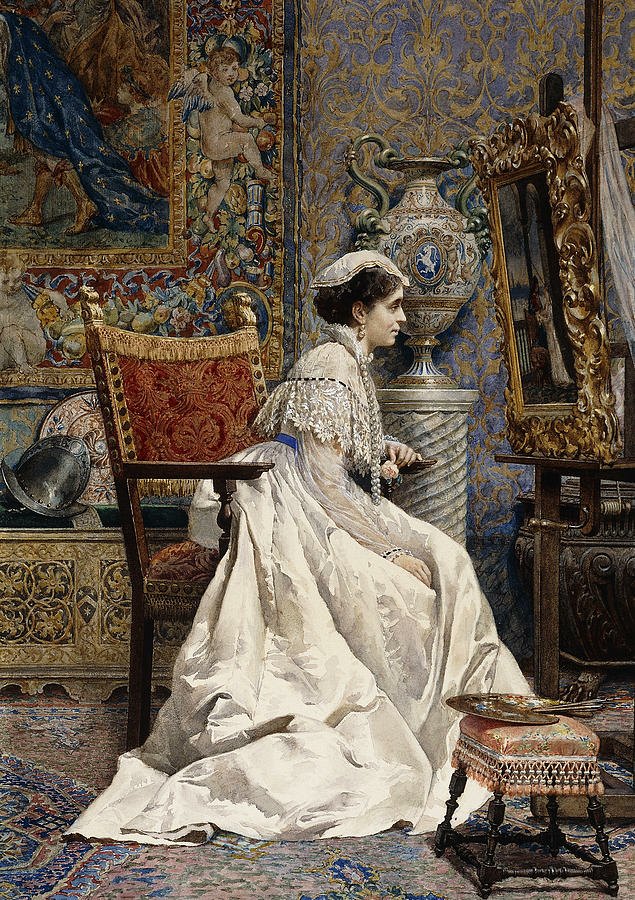 TOMÁS MORAGAS Y TORRAS
Pintor Español
1837-1906
Acuarela y Gouache
"Una Bella Conocedora" - 1874
