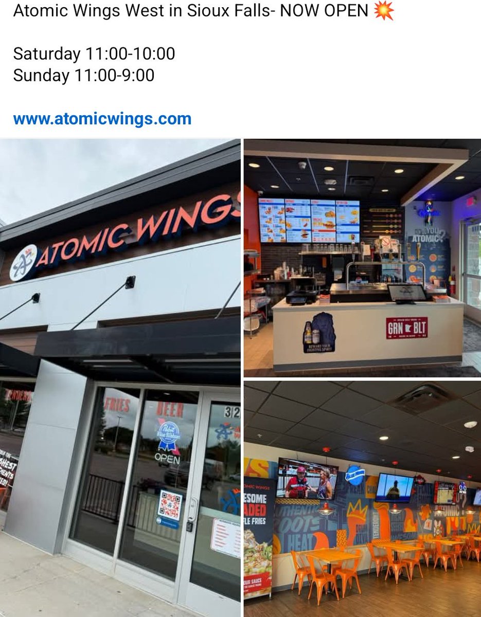 Attention Sioux Falls! Atomic Wings West is NOW OPEN
3217 S Sertoma Ave, Sioux Falls, SD 57106
Get some!