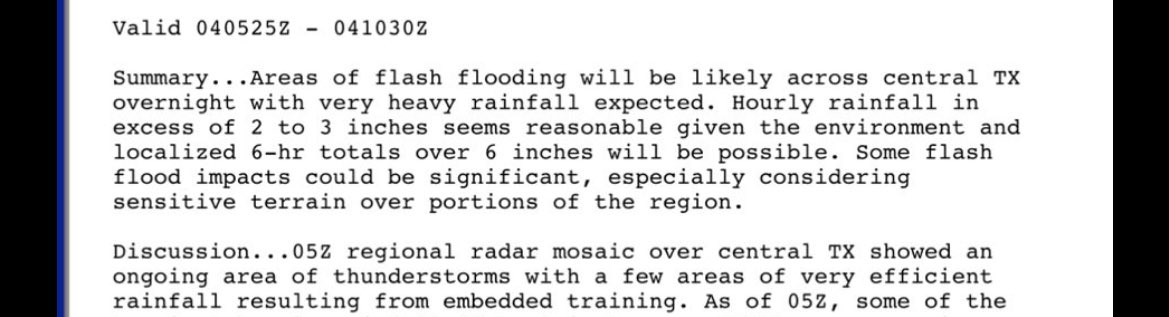 It’s frustrating to see a Texas Chief Meteorologist is trying to insinuate the NWS “shockingly forecasted” 3 inches of rainfall was forecasted… when the actual text is that 2-3inch is the rainfall rate *per hour*