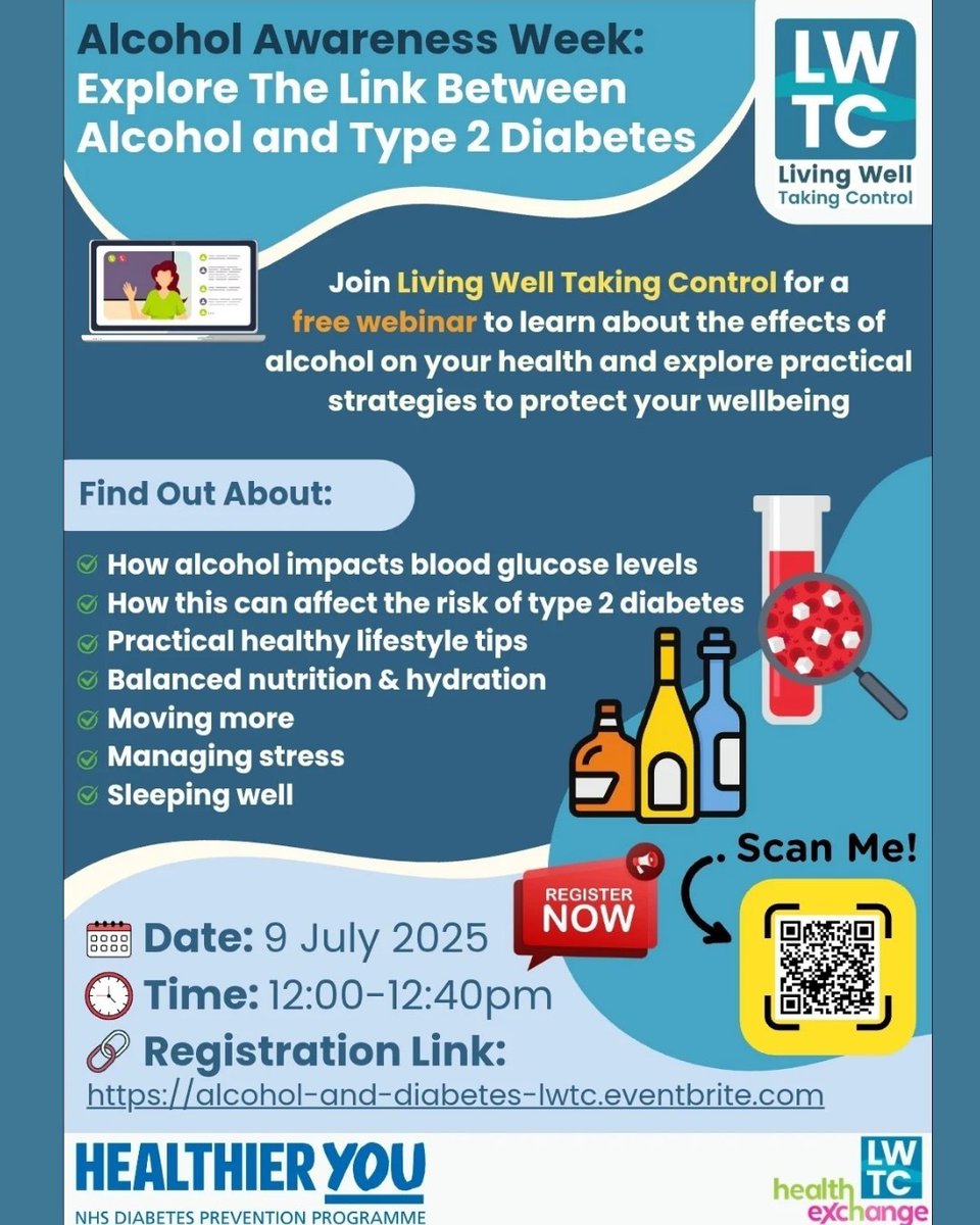 📢 Free webinar for #AlcoholAwarenessWeek! Learn how alcohol &amp; Type 2 diabetes are linked + practical prevention tips. 🗓️ 9 July, 12–12:40 PM, on MS Teams. Register 👉 …ohol-and-diabetes-lwtc.eventbrite.com #CommunityHealth #alcoholanddiabetes