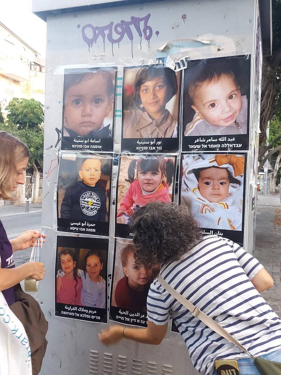 Posters of Palestinian children killed in Gaza by Israeli airstrikes in Tel Aviv, Israel.