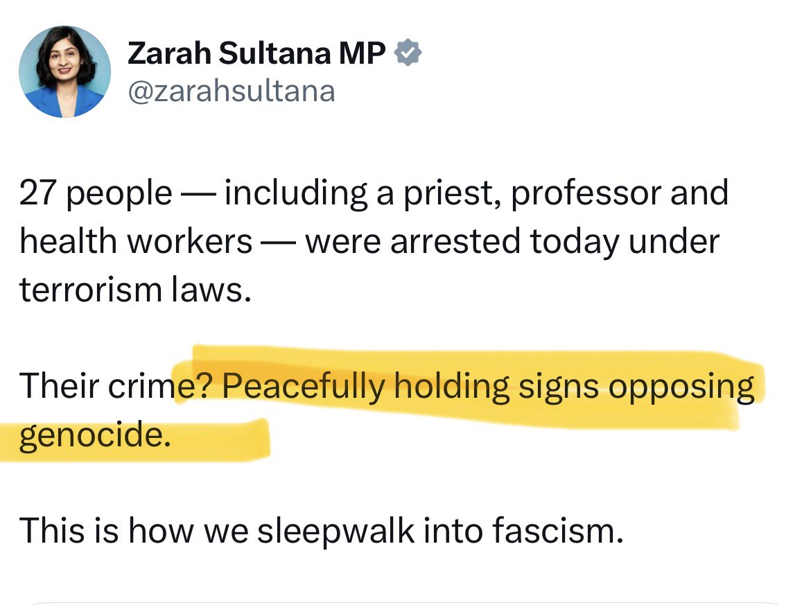 This is how they gaslight you.

“…peacefully holding signs opposing genocide”

Irrespective of whether you believe the genocide tale, their signs also said “I SUPPORT PALESTINE ACTION” who, in case you haven’t heard, are a proscribed terrorist organisation.

Don’t fall for it.