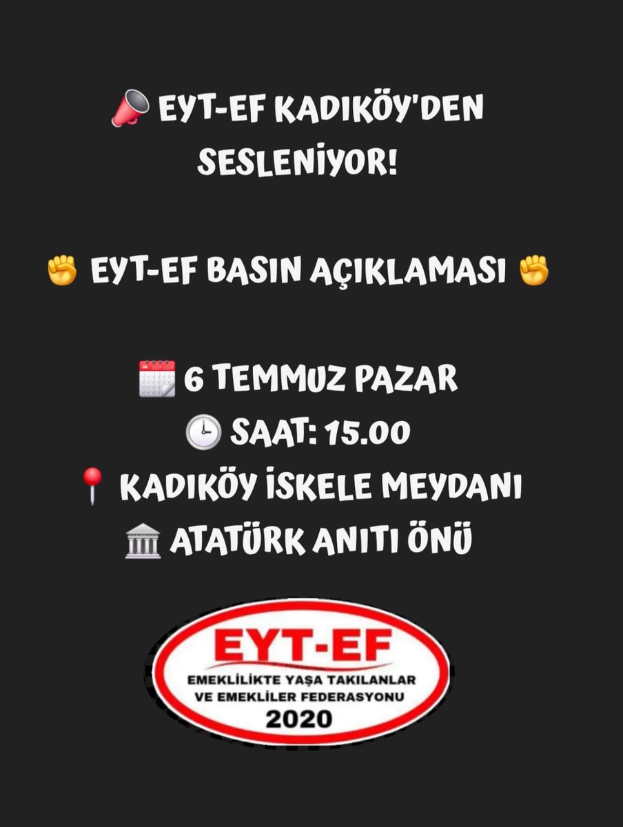 EYT&EF Funda ÖNCÜ (@eytyesimoncu) on Twitter photo D U Y U R U
#EytEfKadıköydenSesleniyor
İnsanca yaşamayı çok görenlere,
Bir dilim ekmeğe muhtaç edenlere,
Haklarımıza el koyup unutanlara karşı Susmayacağız !
Kalk GEL
Sesimize güç ver
Hep birlikte yan yana,
#Kadıköy den Haykıralım!!
<a href="/RTErdogan/">Recep Tayyip Erdoğan</a>
<a href="/_cevdetyilmaz/">Cevdet Yılmaz</a>
<a href="/isikhanvedat/">Prof. Dr. Vedat Işıkhan</a> D U Y U R U
#EytEfKadıköydenSesleniyor
İnsanca yaşamayı çok görenlere,
Bir dilim ekmeğe muhtaç edenlere,
Haklarımıza el koyup unutanlara karşı Susmayacağız !
Kalk GEL
Sesimize güç ver
Hep birlikte yan yana,
#Kadıköy den Haykıralım!!
<a href="/RTErdogan/">Recep Tayyip Erdoğan</a>
<a href="/_cevdetyilmaz/">Cevdet Yılmaz</a>
<a href="/isikhanvedat/">Prof. Dr. Vedat Işıkhan</a>