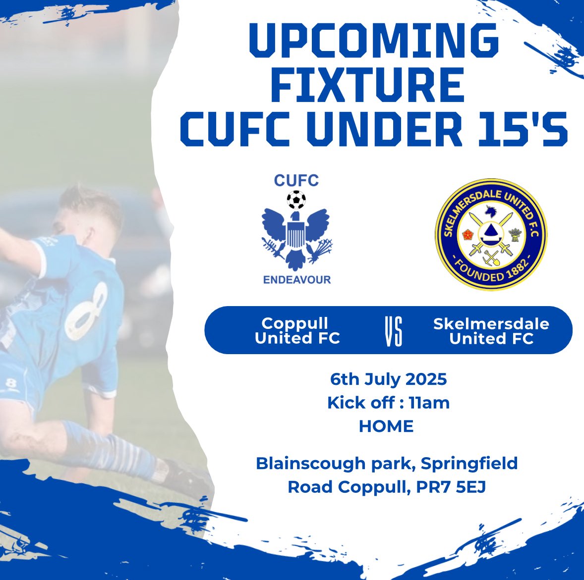 After an Exciting end to end game thursday for our under 15s against Pleasington which ended in a narrow defeat ⚽️
We return to action tomorrow against Skelmersdale youth 
We love too see you all down there supporting our lads 👍

Club facilities will be open #endeavour