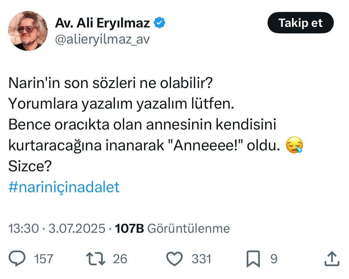 Bu nasıl avukat?

“Son sözü ‘Annneee!’ olmuştur” diye yazıp, etkileşim bekliyor. 

Bu sizin çocuğunuz olsaydı?

🔁 Sessiz kalma! Hayatta olmayan Narin için hesap sor! Aşağıdaki kurumları etiketle, hesabı şikayet et.

<a href="/ankara2barosu/">Ankara 2 No'lu Barosu</a> <a href="/adalet_bakanlik/">T.C. Adalet Bakanlığı</a> <a href="/TC_icisleri/">T.C. İçişleri Bakanlığı</a> <a href="/ankarabarosu/">Ankara Barosu</a>