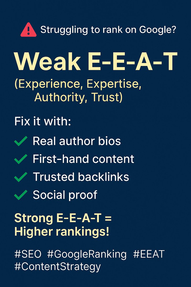 arseoconsultant's tweet photo. 🚨 Struggling to rank on Google?
You might have weak E-E-A-T (Experience, Expertise, Authority, Trust).
Fix it with:
✅ Real author bios
✅ First-hand content
✅ Trusted backlinks
✅ Social proof
Strong E-E-A-T = Higher rankings!
#SEO #GoogleRanking #EEAT https://t.co/epLEeJd8Qi