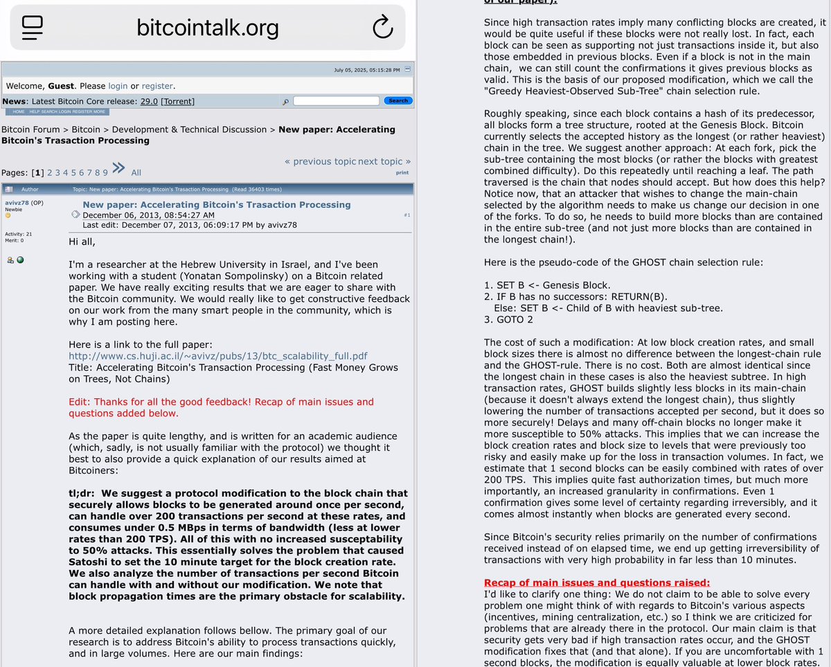 ₿RT 𐤊💚📈🐈 (@brt2412) on Twitter photo One of the research papers that preceded $KAS, “Accelerating Bitcoin's Transaction Processing. Fast Money Grows on Trees, Not Chains”, was discussed on bitcointalk.org in December of 2013 where Aviv Zohar (<a href="/Avivz78/">Aviv Zohar</a>) shared he and Yonatan’s (<a href="/hashdag/">Yonatan Sompolinsky</a>) research on One of the research papers that preceded $KAS, “Accelerating Bitcoin's Transaction Processing. Fast Money Grows on Trees, Not Chains”, was discussed on bitcointalk.org in December of 2013 where Aviv Zohar (<a href="/Avivz78/">Aviv Zohar</a>) shared he and Yonatan’s (<a href="/hashdag/">Yonatan Sompolinsky</a>) research on