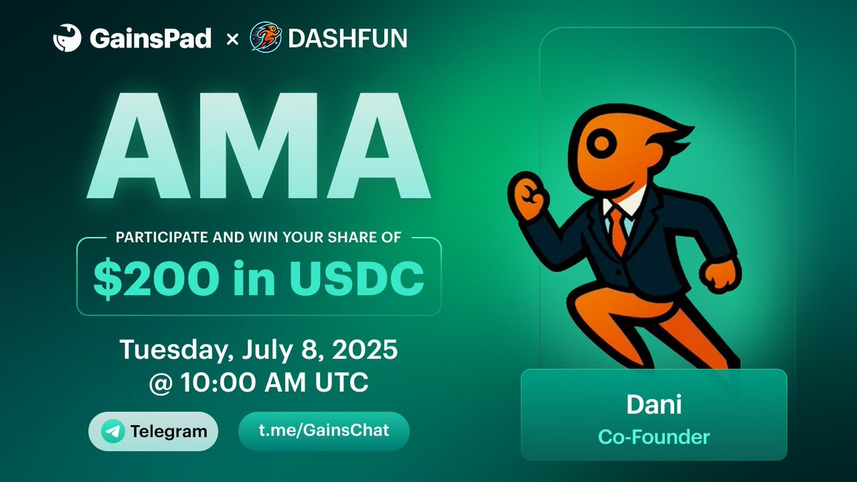 💬 AMA with DashFun

⭐️ Featuring Co-Founder Dani

🏆 $200 USDC in prizes!
Participants must follow <a href="/Dashfun_games/">DashFun</a> and join their Telegram news channel (t.me/DashFunann) before the event for a chance to win

🗓 Tuesday, July 8
📍 t.me/GainsChat
⏰ 10:00 AM UTC =