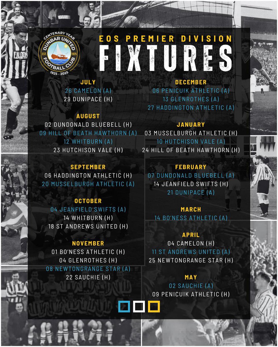 DunbarUtd's tweet photo. ๐
Seasiders, your 2025/26 league fixtures are out!
We kick off away to 24/25 First Division champs Camelon ๐ดโซ๏ธ
๐๏ธ Dates subject to change
๐๏ธ Season tickets on sale now!
#DUFC #FixtureRelease #Seasiders https://t.co/6rnKLVbtPs