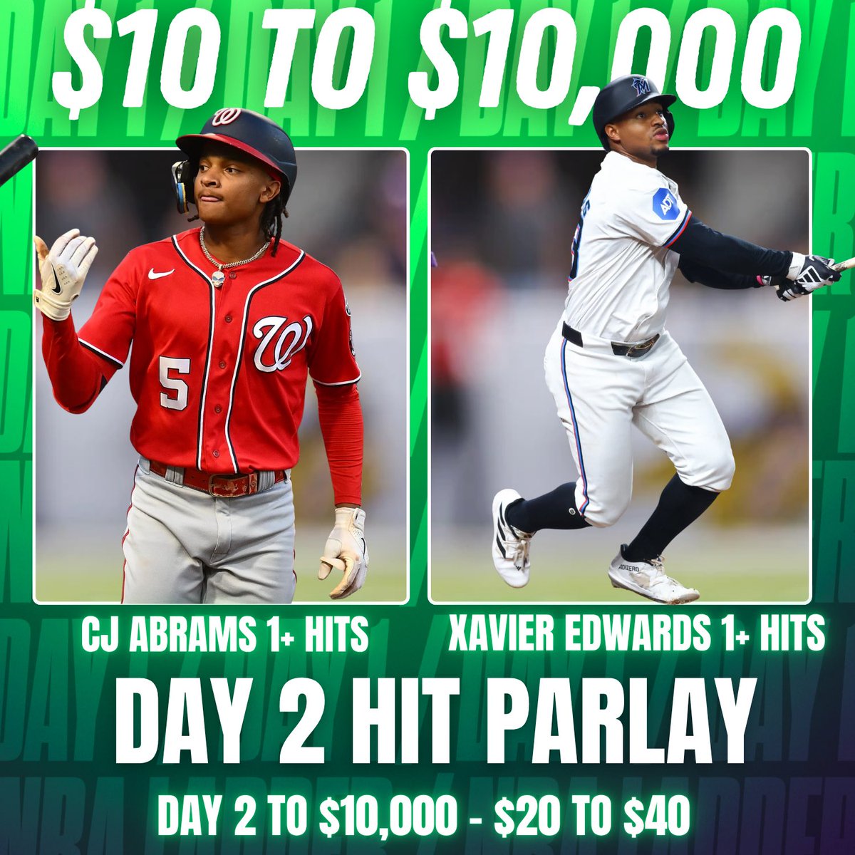 10to10k_'s tweet image. $10,000 Challenge: 3 Leg Parlay 🚀
🎯 CJ Abrams 1+ Hits
•Hit in Last 9 of 10 (90%) games
•Batting .282 vs LHP
🎯 Xavier Edwards 1+ Hits
•Hit in Last 9 of 10 (90%) games
•Batting .312 vs RHP
🚨🚨👇LIKE+RT+COMMENT below, let’s climb to $10,000 together !! 🚨🚨👇
