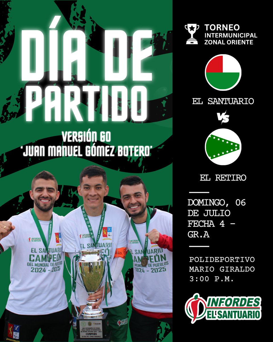 INFORDES (@infordeses) on Twitter photo El campeón vuelve a la acción en el Torneo Intermunicipal <a href="/AntioquiaLAF/">Liga Antioqueña de Fútbol</a>. 🏆⚽
Primer partido en casa de la temporada, te invitamos para acompañar a nuestra selección en el 🏟️ Polideportivo Mario Giraldo. El campeón vuelve a la acción en el Torneo Intermunicipal <a href="/AntioquiaLAF/">Liga Antioqueña de Fútbol</a>. 🏆⚽
Primer partido en casa de la temporada, te invitamos para acompañar a nuestra selección en el 🏟️ Polideportivo Mario Giraldo.