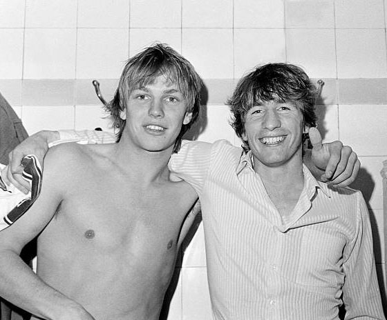 Gary Shaw and Gordon Cowans celebrating in the dressing room at Highbury after Aston Villa had been confirmed as First Division Champions, 1981. #AVFC