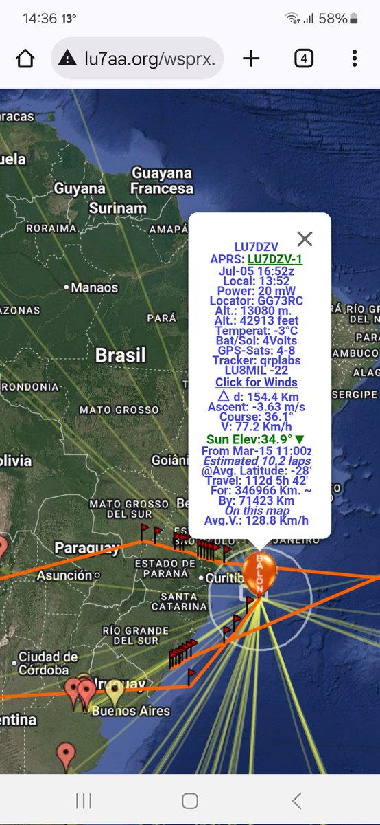 Cinco horas de transmisión y 85 reportes de estaciones de Argentina, Uruguay y Brasil del pico globo lu7dzv-1. Cruzo desde el Pacífico al Atlántico a través de Chubut y subió al norte hasta la horizontal de la playa brasileña de Blumenau. Recuperó altitud al iniciar la vuelta 10