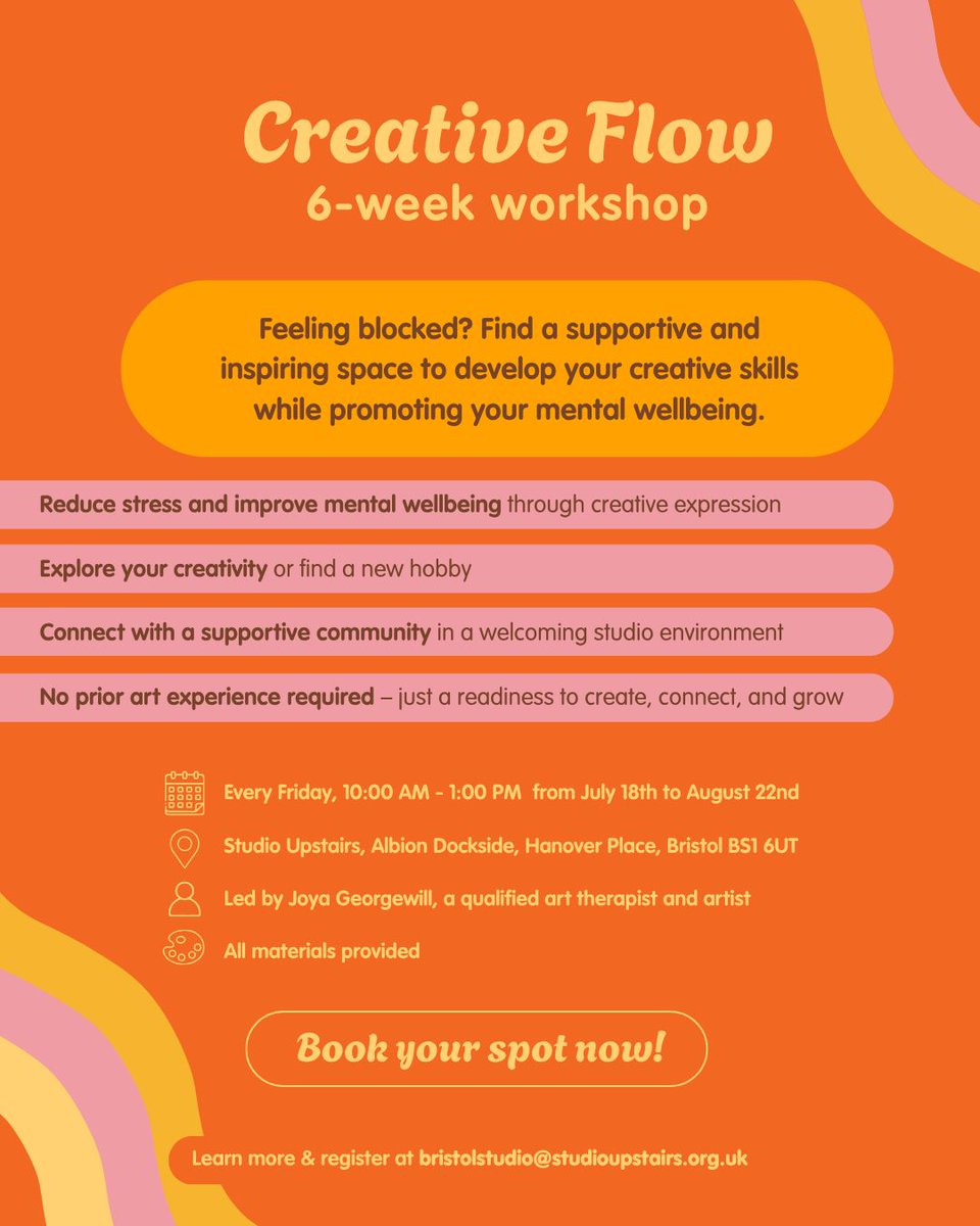 Studio Upstairs (@studio_upstairs) on Twitter photo Feeling blocked? Find a supportive and inspiring space to develop your creative skills while promoting your mental wellbeing 🎨
Learn more & register today for an Early Bird discount at bristolstudio@studioupstairs.org.uk ✉️ Feeling blocked? Find a supportive and inspiring space to develop your creative skills while promoting your mental wellbeing 🎨
Learn more & register today for an Early Bird discount at bristolstudio@studioupstairs.org.uk ✉️