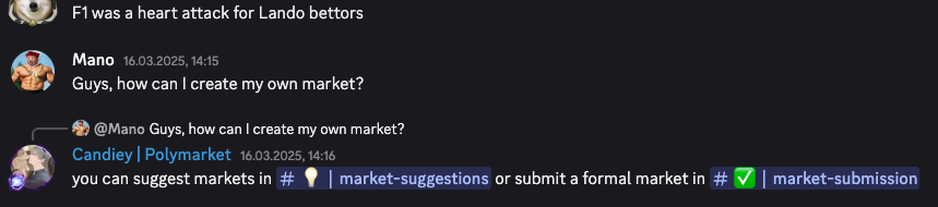 Screenshots from Polymarket's discord 
People want to create their own markets 
People want to benefit from creating their own markets. 

<a href="/xodotmarket/">XO Market</a> is solving a problem