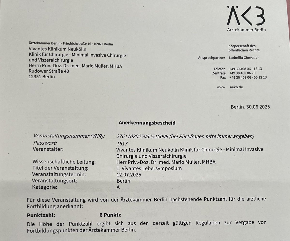 MarioMuller2's tweet photo. 📢 Nur noch 1 Woche!
🧬 1. Vivantes Lebersymposium
📅 12.07.2025 | 🕘 ab 9:00 Uhr
📍 Brandenburgische Akademie der Wissenschaften, Berlin
🎓 6 Fortbildungspunkte (Ärztekammer Berlin)
Jetzt anmelden 👉 https://t.co/Jtk1mGt7xS
#Hepatologie #CME #Berlin https://t.co/k8dzOCafQe
