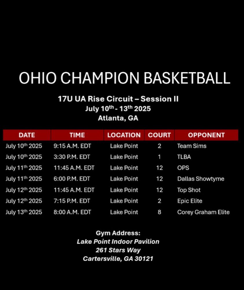 Ohio Champion Basketball (@ohiochampionbb) on Twitter photo Excited to be back on the <a href="/RiseCircuit/">UA Rise Circuit</a> next week!
We have players for every level.
DI
DII
DIII
NAIA
College coaches, reach out & we will give you some names to watch!
๐ Atlanta, GA Excited to be back on the <a href="/RiseCircuit/">UA Rise Circuit</a> next week!
We have players for every level.
DI
DII
DIII
NAIA
College coaches, reach out & we will give you some names to watch!
๐ Atlanta, GA