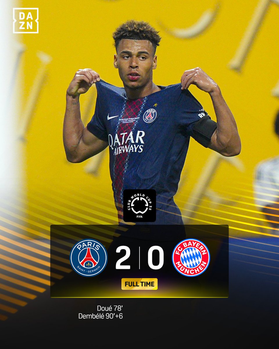 DAZN_IT's tweet image. Il #PSG vola in semifinale di #FIFACWC ✈️🏆🌎
Eliminato il #BayernMonaco ❌
La decidono #Doué e #Dembélé ⚽️⚽️✅

#PSGBayern #DAZN
