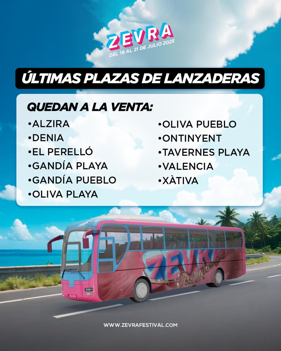 🚌 ¡Últimas plazas de lanzaderas disponibles!

Si sales desde alguna de estas ciudades, no lo dejes para mañana:

Alzira · Dénia · El Perelló · Gandía (playa y pueblo)
Oliva (playa y pueblo) · Ontinyent · Tavernes · Valencia · Xàtiva

🎟️ Resérvala ya en zevrafestival.com