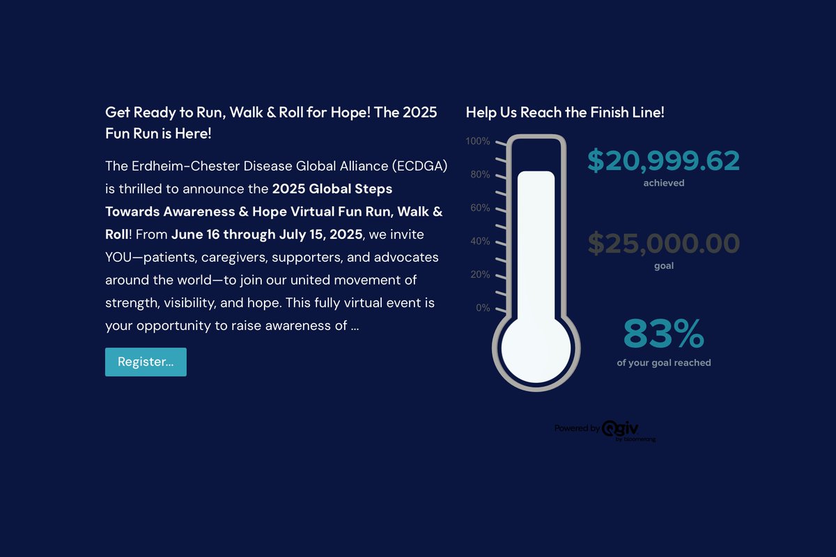 ECDGA's tweet image. Time is ticking. The ECDGA Get Ready to Run, Walk & Roll for Hope Fun Run ends on July 15, and we are so close to our goal. With $20,999.62 raised, we are just a few steps away from reaching our $25,000 target—but we need your help to get there.
erdheim-chester.org/final-stretch-…