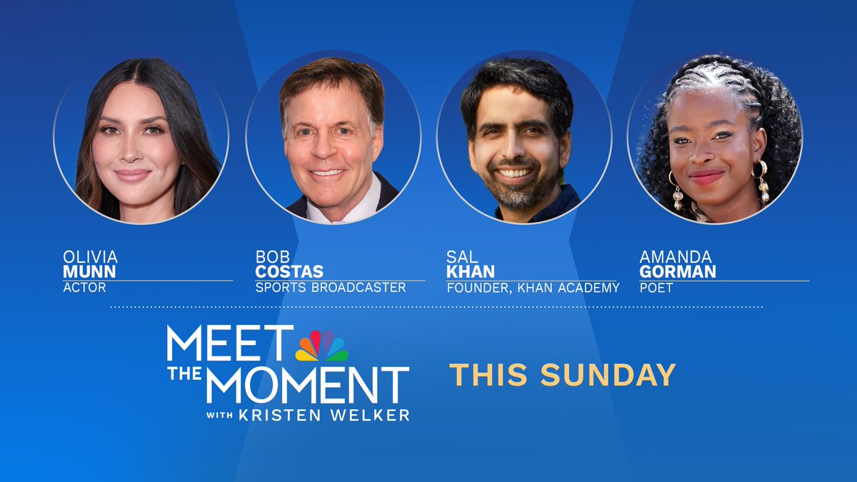 Kristen Welker (@kwelkernbc) on Twitter photo This Sunday on a very special edition of @MeetthePress: my Meet the Moment conversations with Khan Academy CEO <a href="/theRealSalKhan/">Salman Khan</a>, sportscaster Bob Costas, actor <a href="/oliviamunn/">o l i v i a</a>, and American activist and poet <a href="/TheAmandaGorman/">Amanda Gorman</a>. #IfItsSunday #MTP This Sunday on a very special edition of @MeetthePress: my Meet the Moment conversations with Khan Academy CEO <a href="/theRealSalKhan/">Salman Khan</a>, sportscaster Bob Costas, actor <a href="/oliviamunn/">o l i v i a</a>, and American activist and poet <a href="/TheAmandaGorman/">Amanda Gorman</a>. #IfItsSunday #MTP