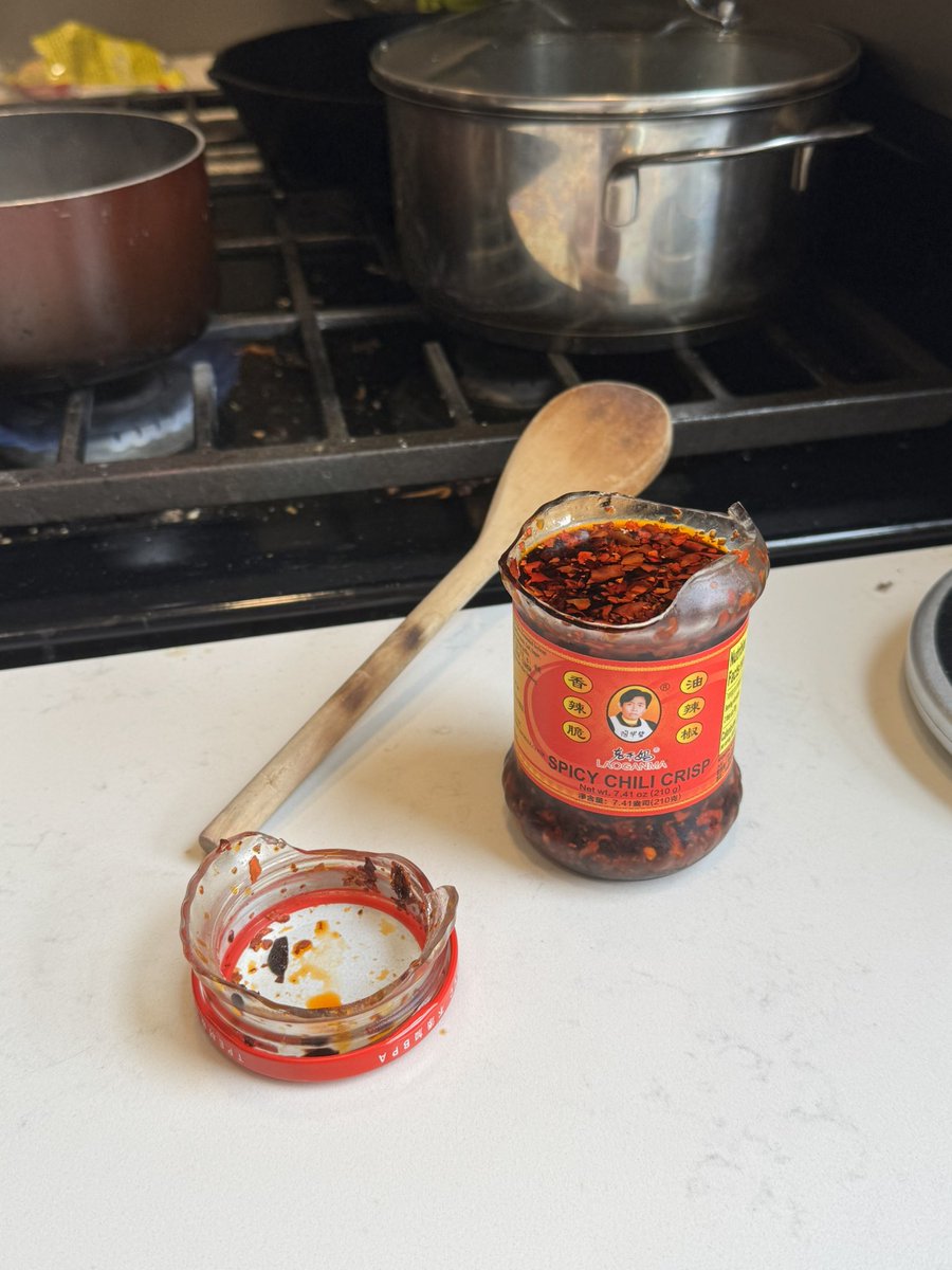 postingexpert's tweet photo. got too excited to eat laoganma and ripped the jar in half https://t.co/8pca2JI4b1