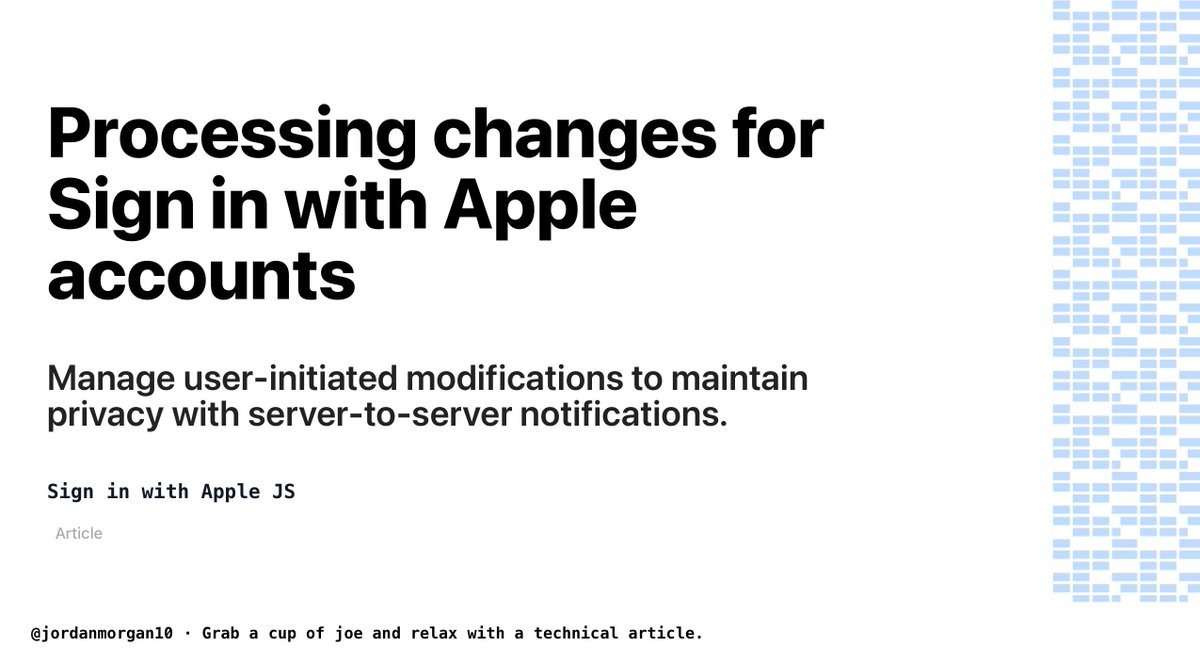 📝Today's technical article is from the Sign in with Apple JS framework 📝

Processing changes for Sign in with Apple accounts:
Manage user-initiated modifications to maintain privacy with server-to-server notifications.

👉developer.apple.com/documentation/…