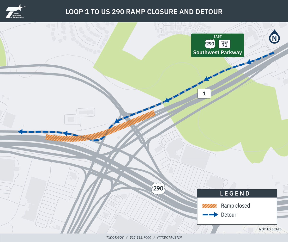 HEADS UP: The ramp connecting SB Loop 1 to WB US 290 will be closed nightly for bridge maintenance, from Monday, July 7 to Thursday, July 10, 8 p.m. to 6 a.m., weather permitting. Traffic will be detoured to the Southwest Parkway exit. Plan ahead! #southaustin