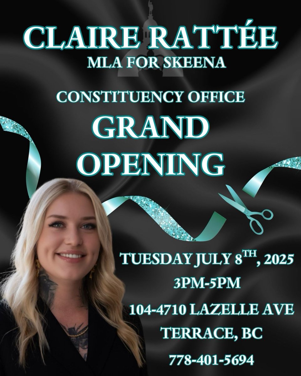 ClaireRattee's tweet image. You’re Invited!
I’m excited to officially open my constituency office — and you’re warmly invited to join us!
104–4710 Lazelle Avenue
Tuesday, July 8th
3:00–5:00 PM
Come say hello, meet the team, enjoy some refreshments, and learn about the services my office offers to help you…