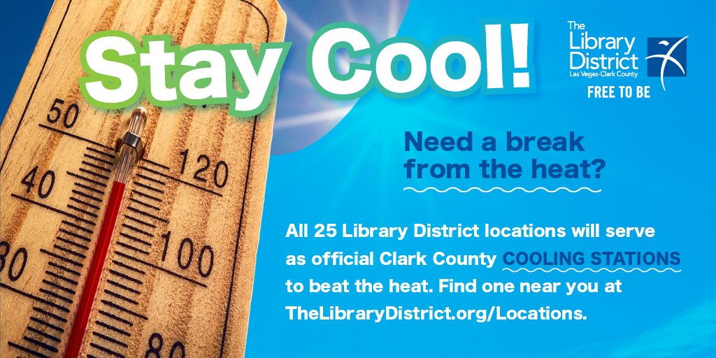 Las Vegas-Clark County Library District (@lvccld) on Twitter photo Beat the heat & stay cool at the Library District this summer! π
All 25 of our conveniently located branches are <a href="/ClarkCountyNV/">Clark County Nevada</a> cooling stations.βοΈ Find a library near you & beat the heat by enjoying our FREE services & resources:β‘οΈ thelibrarydistrict.org/locations #FreeToBeConnected Beat the heat & stay cool at the Library District this summer! π
All 25 of our conveniently located branches are <a href="/ClarkCountyNV/">Clark County Nevada</a> cooling stations.βοΈ Find a library near you & beat the heat by enjoying our FREE services & resources:β‘οΈ thelibrarydistrict.org/locations #FreeToBeConnected